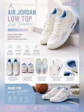 Air Jordan Low Top Sneakers in White & Pastel Blue